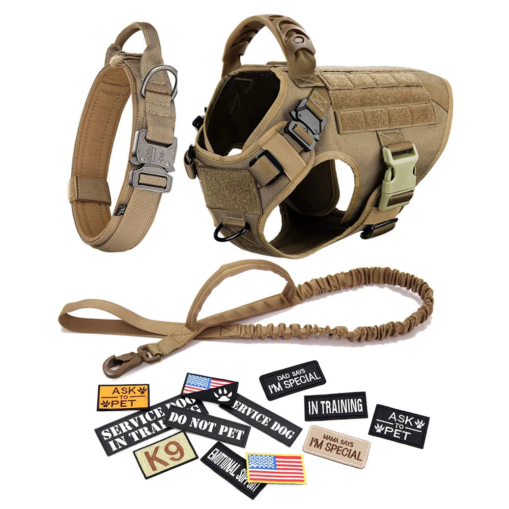 🐾 Tactical Dog Harness Set — Adjustable Military Vest with Leash, Collar & Custom Patches