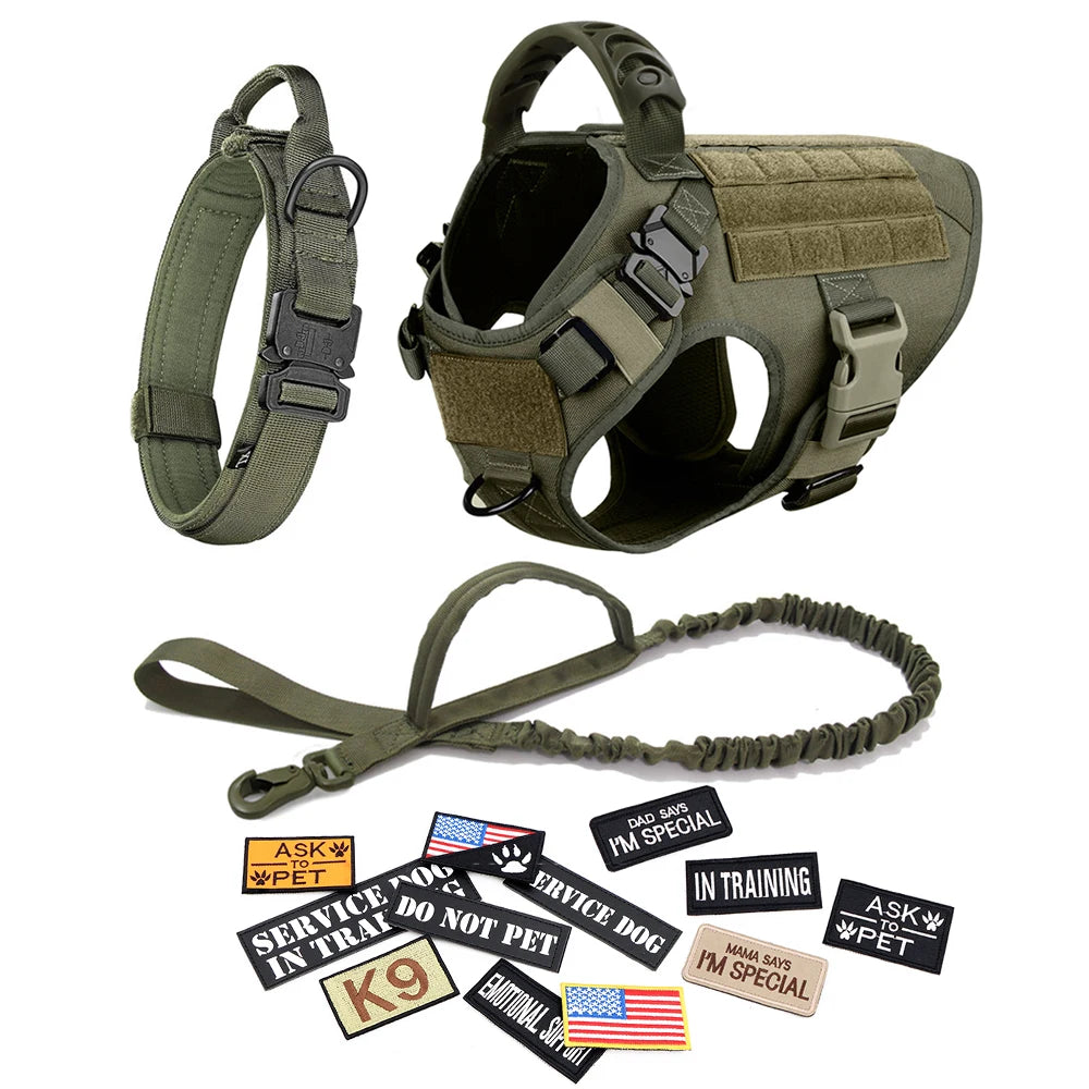 🐾 Tactical Dog Harness Set — Adjustable Military Vest with Leash, Collar & Custom Patches